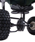 Close-up of durable tires on 50Lb Push Spreader With Enclosed Gearbox And Powder Coated Steel Frame, Walk Behind