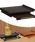 Zen Vibes Buddha Wall Shelf Pooja Mandir Shrine Altar Table With Stainless Steel Bracket And Carving Motifs For Meditation Office And Home Use Dark 38cmx25cm image showing multiple wooden altar designs with and without a small gold Buddha statue display.
