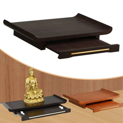 Zen Vibes Buddha Wall Shelf Pooja Mandir Shrine Altar Table With Stainless Steel Bracket And Carving Motifs For Meditation Office And Home Use Dark 38cmx25cm image showing multiple wooden altar designs with and without a small gold Buddha statue display.