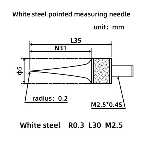 Technical diagram of a white steel pointed measuring needle with dimensions, for Dope Pro Grade Digital Dial Indicator Tool For Precision Measuring 0 To 2 Inches 50.8 mm Travel With 0.01 mm Or 0.0005 Inch Tolerance Inch And Metric ACE B50