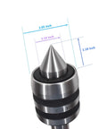 MT3 live tailstock center close-up; metal conical tip with knurled collar for high-speed turning