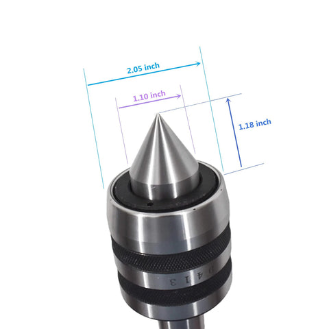 MT3 live tailstock center close-up; metal conical tip with knurled collar for high-speed turning
