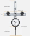 Pro Grade Dial Indicator Table Saw Gauge For Spot On Alignment And Calibration In The Workshop Fits Standard Miter Slot Three Eighths By Three Quarters Inch Width Detects Arbor And Blade Runout For Table Saws With Three Quarters Inch Or Larger Groove, shown in a calibrated position with visible measurements.