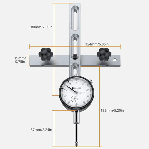 Pro Grade Dial Indicator Table Saw Gauge For Spot On Alignment And Calibration In The Workshop Fits Standard Miter Slot Three Eighths By Three Quarters Inch Width Detects Arbor And Blade Runout For Table Saws With Three Quarters Inch Or Larger Groove, shown in a calibrated position with visible measurements.