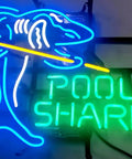 Pool Shark neon sign with a blue shark design and green text, featuring hand crafted glass tube neon lights for a beer bar, 17x13 inches.