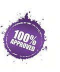 Purple 100% approved stamp design with splatter effect on white background, symbolizing assurance and quality.