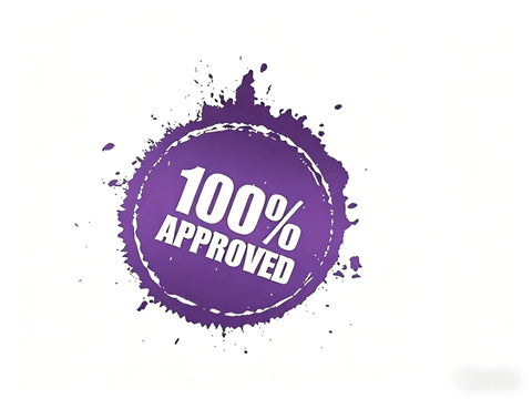 Purple 100% approved stamp design with splatter effect on white background, symbolizing assurance and quality.