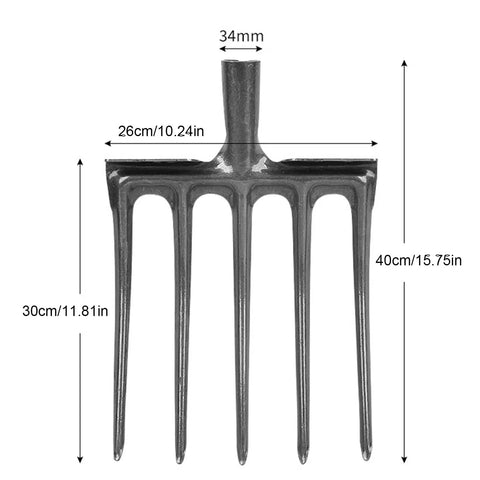 Beefy Heavy Duty Carbon Steel Digging Fork With Five Tines For Garden Soil Spading And Breaking Up Hard Ground, dimensions shown