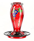 Heavy Duty 24 Oz Hummingbird Feeder For Outdoors Hangin With Thick Glass And Floral Decals, Leak Resistant Metal Base, Five Feeding Ports And Perch, Decorative Red Garden Accent
