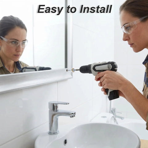 Heavy Duty Mirror Screw Caps With Stainless Steel Decorative Hardware Slick Silver Covers And Copper Silicone Washers Top Shelf Furniture And Glass Sign Fittings Built Like A Tank, being installed with power drill.