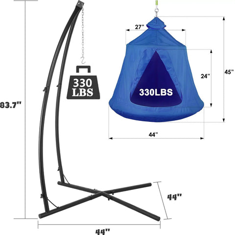 X Shaped Hanging Tree Tent With Swing Chair And Canopy, Steel Frame Hammock Stand For Indoor And Outdoor Use, Blue, size shown