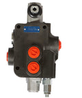 Front view of black all-cast hydraulic valve with red port caps and metal fittings (4-way, 3-position)