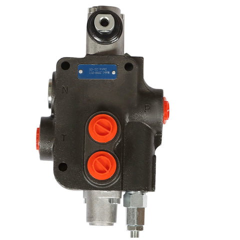 Front view of black all-cast hydraulic valve with red port caps and metal fittings (4-way, 3-position)