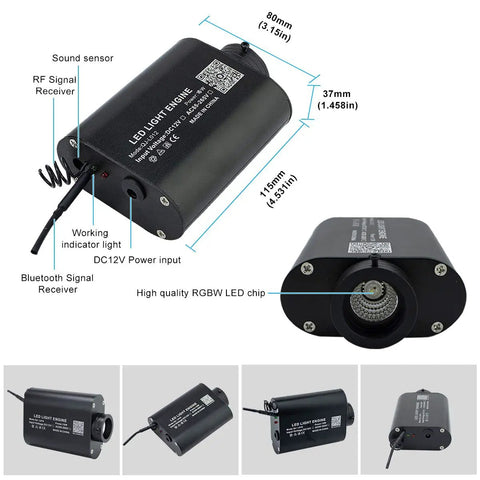 Lit 16W Bluetooth Fiber Optic Curtain Light Kit with RGBW light engine, showing dimensions and signal ports, for sensory rooms.