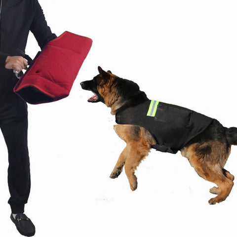 Durable Dog Training Bite Sleeve With Sturdy Handle Arm Guard For Safe Puppy And Small To Medium Dog Play, red in use