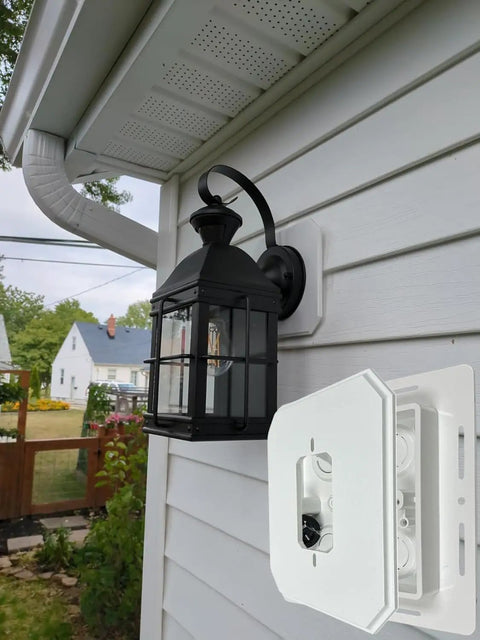 Non-Metallic Universal Siding Mounting Block For Exterior Light Fixtures And Receptacles With Flanges, 6.5 Inch By 6.5 Inch Cover, White, 2 Pack, Built-In Electrical Box For Extra Structural Support installed on white siding