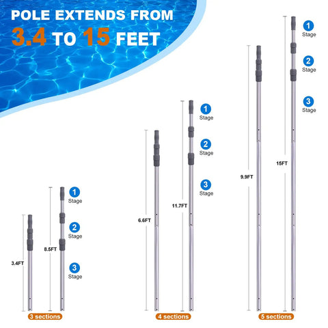 Extendable sections of 15 Foot Telescoping Pool Pole for Skimmer Net, Brush, and Vacuum Head - Adjustable Aluminum Cleaning Pole