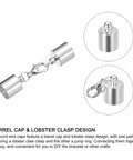 10 Sets Of 9mm Leather Cord End Caps With Lobster Claw Clasps Barrel Terminators for DIY jewelry making, silver tone, close-up
