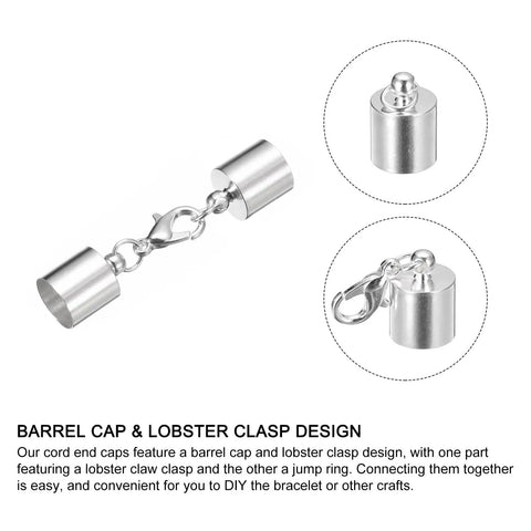 10 Sets Of 9mm Leather Cord End Caps With Lobster Claw Clasps Barrel Terminators for DIY jewelry making, silver tone, close-up