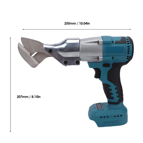 Hamwesh Cordless Metal Shears Electric Sheet Metal Cutter With 360 Rotating Head Variable Speed Scissors, showing side view with dimensions.