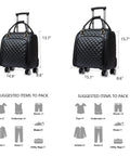Two leather softside underseat carry-on bags with dimensions, smooth spinner wheels, and packing suggestions.