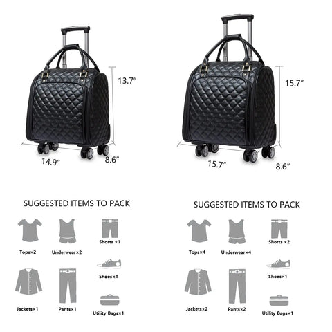 Two leather softside underseat carry-on bags with dimensions, smooth spinner wheels, and packing suggestions.
