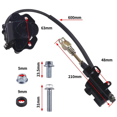 Rear Disc Brake Master Cylinder Caliper With Replaced Disc Brake Pad For 50cc To 125cc ATV Quad Fits TaoTao Peace Motorsports Coolster 3050HD 110cc 125cc Kids Four Wheeler Preinstalled Pads Two Fixing Holes And 63mm Center To Center Mounting shown with dimensions and components