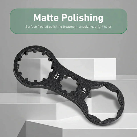 Two Piece Aluminum Front Fork Wrench Set For Bikes, Precision Fit Fork Cap Spanners, matte black wrench on blocks