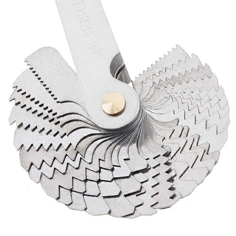 Screw pitch gauge set with circular stack of stainless blades for metric, imperial and Whitworth threads