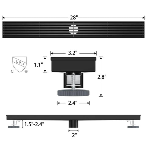 28 Inch Linear Shower Drain With Removable Wedge Wire Grate Matte Black 304 Stainless Steel Rectangle Shower Floor Drain dimensions shown