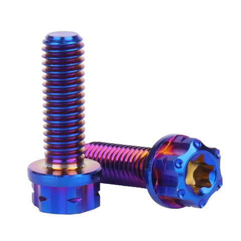 Burnt Blue Titanium Flange Torx Head Bolts M5 Pack Of 4 In 10 15 20mm Lengths Grade 5 Titanium Alloy 6AL4V, two bolts displayed