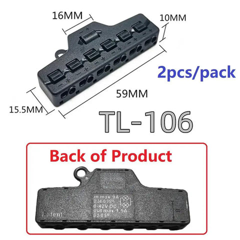 Front and back view of Two Pack 6 Port Wire Connector Splitter Distributor 1 In 6 Out Quick Push In Terminal Block TL-106