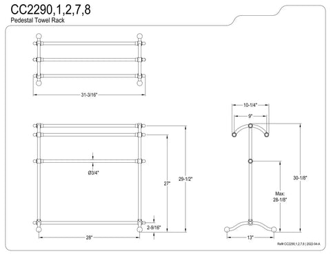 Technical diagram of Freestanding Pedestal Towel Rack In Polished Chrome Triple Towel Design Built To Last Durable Brass Construction