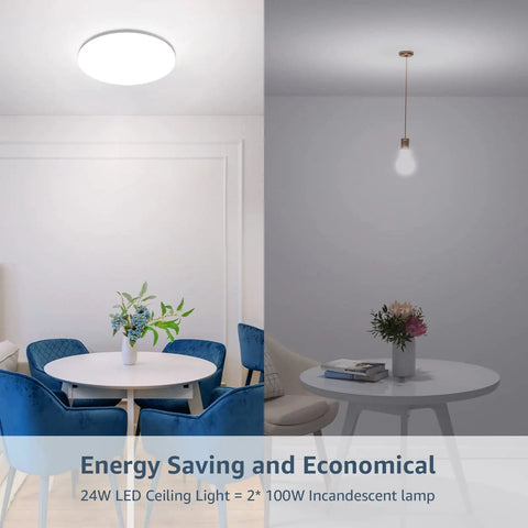 11 Inch Flush Mount LED Ceiling Light 24W 2400 Lumen Not Dimmable Waterproof IP54 installed in modern dining area.