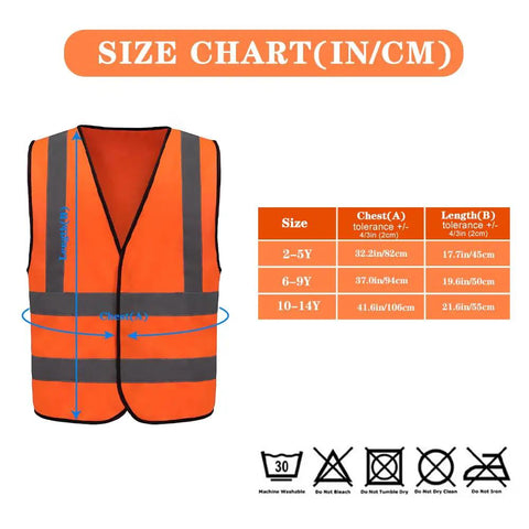 Size chart for Premium Bright Orange Custom Printed Kids Reflective Vest High Visibility Safety Gear For School Run.