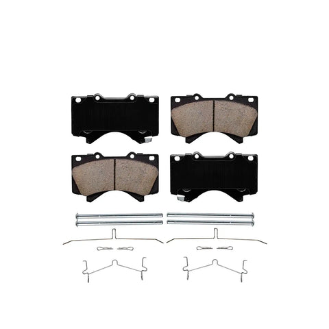 Front Brake Kit With Rotors And Ceramic Pads For Toyota Tundra 2007-2021, Sequoia 2008-2022, Land Cruiser 2016-2021, And Lexus LX570 Replacement Disc Brakes showing ceramic pads and hardware.