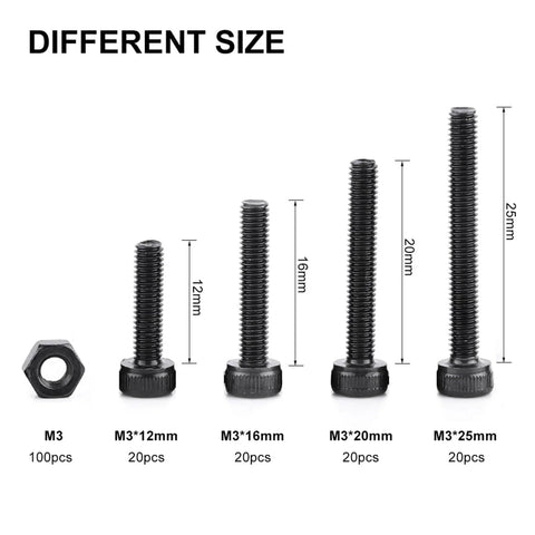 Various sizes of M3 cap head hex socket bolts and nuts from 280-Piece M3 Cap Head Hex Socket Bolts And Nuts Assortment Set For Tight Spaces