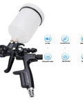 Top Rated Hvlp Air Paint Sprayer Boasting A Smooth 1.3Mm Nozzle And Beefy 600Ml Cup For Slick Quick Furniture Fixes And Yard Fence Staining Without The Headache, showing side view of sprayer with 600ml cup.