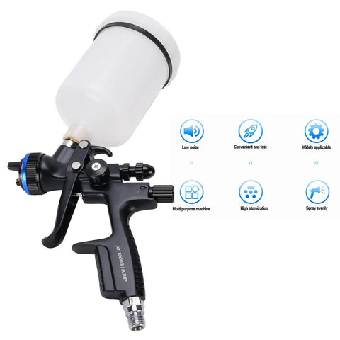 Top Rated Hvlp Air Paint Sprayer Boasting A Smooth 1.3Mm Nozzle And Beefy 600Ml Cup For Slick Quick Furniture Fixes And Yard Fence Staining Without The Headache, showing side view of sprayer with 600ml cup.