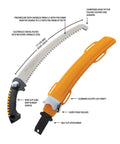 Heavy Duty Pro Saw with 330mm Blade and XL Teeth, 6.5 Inch Cut Capacity, shown with orange sheath and labeled features