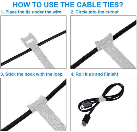 How to use 60 Pack 6 Inch Reusable Cable Ties With Hook And Loop For No Fuss Cable Management White Cord Organizer Straps.