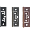 Three metal flush door hinges in antique bronze and black, each 64 by 25mm, designed for wooden boxes and cabinets.