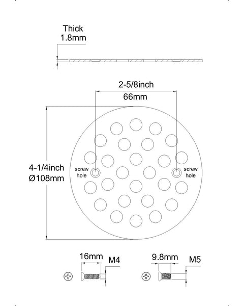 Drawing of Premium Screw In Round Floor Drain Cover Replacement Brushed Golden Finish with dimensions for installation.