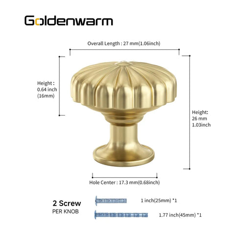 Gold cabinet knob with petal style design, 10 pack set including screws, size 27mm, zinc alloy, for dresser and drawer hardware