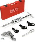 Eight-piece automotive rear axle bearing puller set with chrome slide hammer, adapters, and red carrying case
