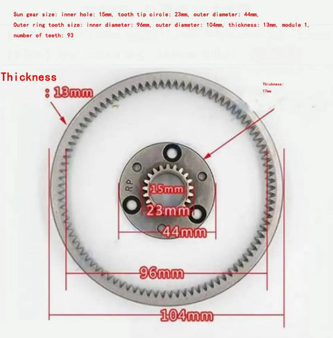 Image of Planetary Gear Set For Gearbox Module 1 With Steel Teeth, 93 Teeth Sun Gear Inner Hole 15mm, highlighting dimensions.