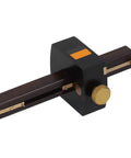 Heavy Duty Top Shelf 8 Inch Adjustable Marking Gauge Featuring Slick Triple Needle Scribe For Tight Layouts And Gotta Have Woodworking Carpentry Projects Now, detailed view of brass knobs and ebony frame.