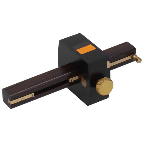 Heavy Duty Top Shelf 8 Inch Adjustable Marking Gauge Featuring Slick Triple Needle Scribe For Tight Layouts And Gotta Have Woodworking Carpentry Projects Now, detailed view of brass knobs and ebony frame.