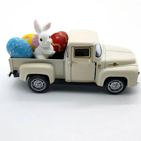 Vintage Easter Farmhouse Mini Diecast Metal Pickup Truck Decor With Eggs And Bunny For Tiered Tray Tabletop White Finish