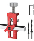 Adjustable Cabinet Door Installation Jig Featuring Dual Imperial And Metric Markings Dead Nuts Accurate Mounting Positioning Tool For Home Renovations Solid Aluminum Frame with red and silver design, tools included.